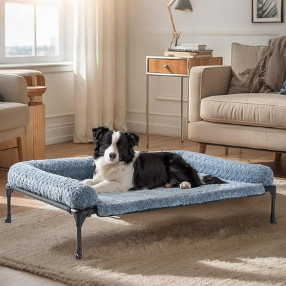 Veehoo Cooling Elevated Dog Bed Add Removable Deluxe Rose Plush Bolster Cushion Mat, 41" x 27" Washable Dog Couch Bed, Raised Pet Cot with Breathable Teslin Mesh, No-Slip Feet, Haze Blue, CWC2439B
