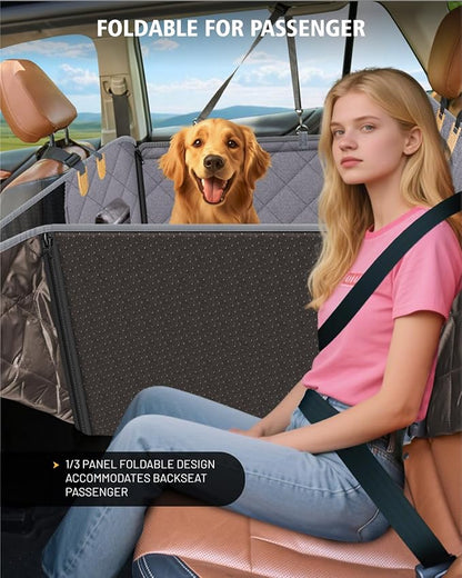 Back Seat Extender for Dog, Waterproof Dog Car Seat Cover for Back Seat, Hard Bottom Car Seat Cover, Large Space Hammock for Full-Size Crewcab Trucks, Pet Seat Cover Holds 450lbs(Grey)