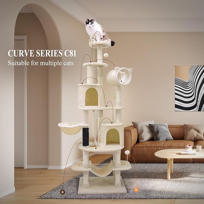 Globlazer Artistic Curved Cat Tower for Small Cats (Under 12 lbs), 81-inch Slim Design Cat Tree with Space-Saving Design, Indoor Cat Condo with Hammock & Tunnel, C81, Beige, Non-Large Cats