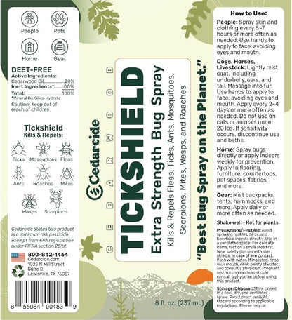 Cedarcide Extra- Strength Tickshield | Deep Woods Cedar Oil Tick & Mosquito Repellent Spray Kills & Repels Ticks, Fleas, Chiggers and Mosquitoes| For People & Pets | Natural Essential Oils | 4 Oz
