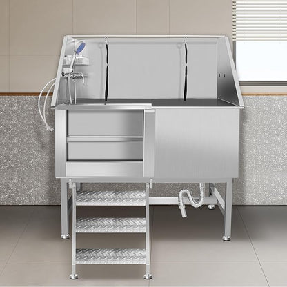 50" Dog Washing Station, Professional Stainless Steel Dog Bathing Station, Equipped/W Three Anti-Slip Steps, Removable Door, Upgraded Spray Nozzle&Hose - for Home, Pet Grooming Salon (50" Left ramp)
