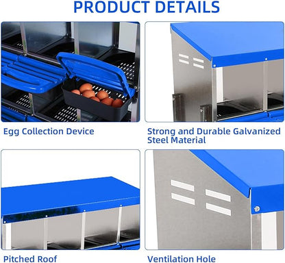 Chicken Nesting Boxes, 8 Hole Metal Chicken Laying Box with with Removable Trays and Roll Out Egg Collection for Chicken Coop, Blue