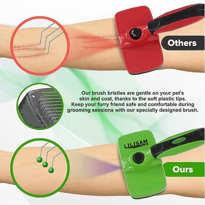 Pet Self Cleaning Slicker Brush and Grooming Comb - Gently Removes Loose Hair, Tangles, and Dirt - Skin Friendly Deshedding Grooming Tool for Hair Dogs & Cats - Pet Supplies Accessories (Green)
