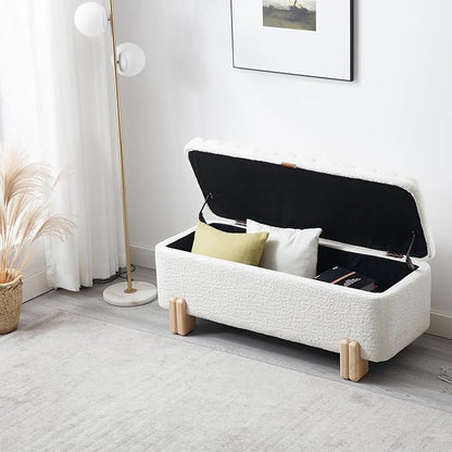 Wavy Ottoman Storage Bench Multi-Functional Narrow Entryway Bench Elegant End of Bed Bench with Storage and Safty Hinge for Living Room Entryway Hallway Bedroom Boutique, White