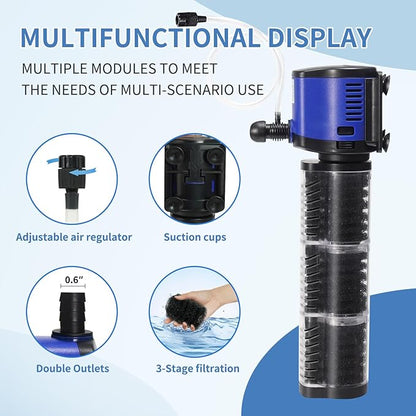 TARARIUM Aquarium Filter 400GPH for 55-75 Gallon Fish Tank, Biochemical Quiet Submersible Internal Powerful Pump Air Supply, Wave Maker 4 in 1, Small Ponds, Saltwater & Freshwater Crystal Clear