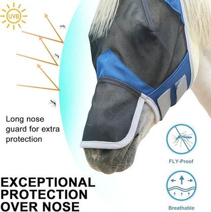 Horse Fly Mask with Ears & Long Nose Cover | Forelock Opening for Tangle-Free Mane Care | UV Protection & Breathable Mesh | No Rub Fit and Enhanced Visbility for Trail Riding RoyalBlue Pony