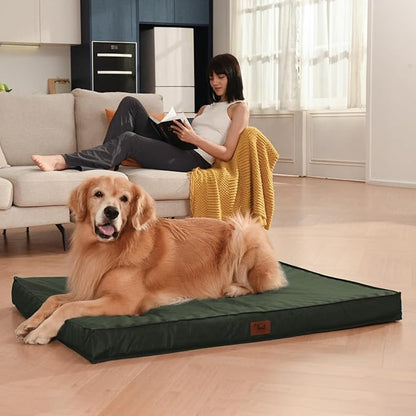 Outdoor All Weather Dog Bed, XXL Waterproof Dog Bed for Large Dogs, Orthopedic Egg Foam Pet Bed Mat with Removable and Washable Oxford Cooling Cover, Dark Green