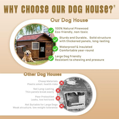 Extra Large Dog House Outdoor Made of Solid Pine Wood, Warm Doghouse, Dog House with Elevated Floor for Large Dogs, (Wood, XL)