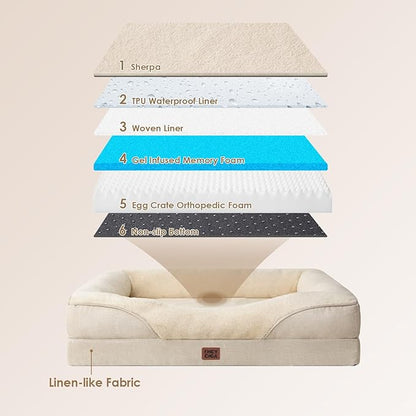 EHEYCIGA Memory Foam XXL Dog Bed for XLarge Sized, Extra Large Orthopedic Dog Sofa with Sides and Waterproof Liner, Washable Bolster Pet Couch with Removable Cover, 52x41x8 Inch, Beige