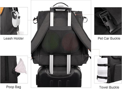 Modoker Dog Travel Bag Backpack, Airline Approved Pet Accessories Organizer for Dog and Cat with Shoulder Strap, 2 Dog Food Storage Containers, 2 Collapsible Dog Bowls,1 Pet Mat, Black