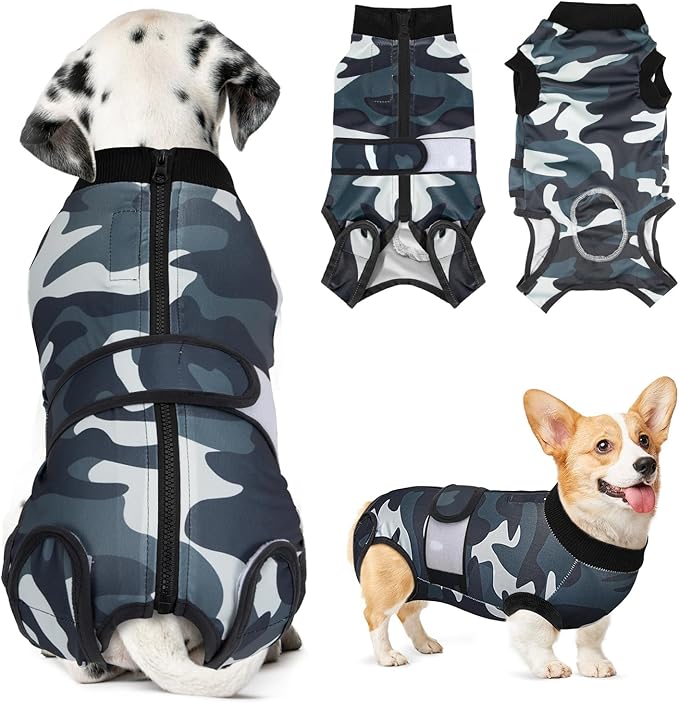Lukovee Recovery Suit for Dogs, Zipper On Recovery Suit for Female Male Dog, Onesie Abdominal Wounds Cone E-Collar Alternative Prevent Licking Spay Recovery Suit (Camouflage, XL)
