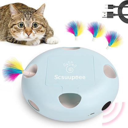IInteractive Cat Toy, Electric Cat Toys for Moving Concealed Feathers, Smart Sensor 7 Holes Whack a Mole Feather Toy, USB Charge Automatic Kitten Toys,Blue