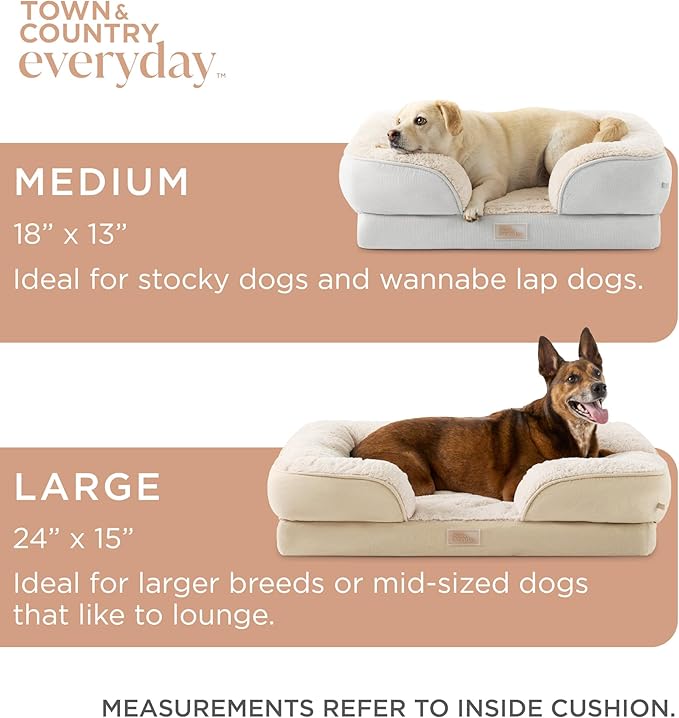 TOWN & COUNTRY EVERYDAY CuddleTown Comfy Solid Bolster Sofa Pet Bed, Supportive & Calming Egg Crate Foam, Non-Slip Bottom, Machine Washable Cover, Grey, Large 35"x25"x8"