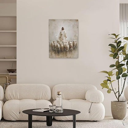 Jesus and Lamb Wall Art Christian Jesus Lamb Canvas Wall Decor Christ Religious Pictures painting Print Framed Artwork Decorations Gifts for Living Room Bedroom Prayer Room Church 12"x16"