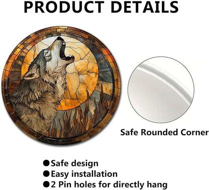 Lygond Metal Sign Tin Sign Circular Stained Glass Gray Wolf Bar Signs for Home Bar for Bar 8×8 Inches