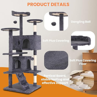 54.7" Ashy Cat Tower for Indoor Cats – Multi-Level Condo with Scratching Posts & Hanging Toys