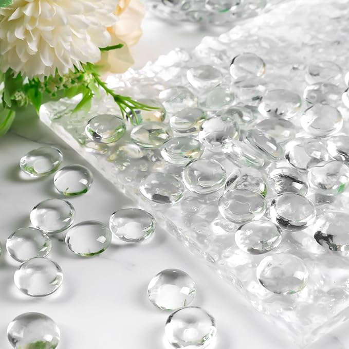 FUTUREPLUSX 1Lb Flat Glass Marbles, Clear Flat Gems Transparent Aquarium Pebbles Vase Filler Beads Table Scatters