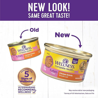 Wellness Complete Health Pate Kitten Wet Cat Food, Natural, Protein-Rich, Grain Free, 3 Ounce, 24 Pack, (Chicken)