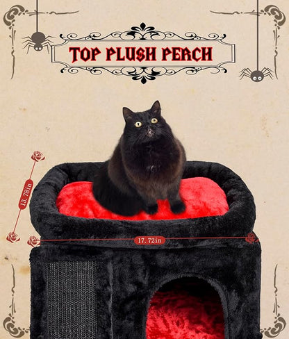 SYANDLVY Gothic Cat Tree with Coffin Bed for Indoor Cats, Cat Tower with Scratching Post, Modern Activity House for Large Cats, Condo with Board, Kittens Cave
