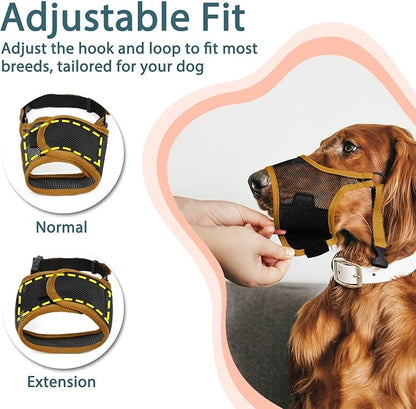 LUCKYPAW Dog Muzzle, Mesh Muzzle for Large Medium Small Dogs, Soft Mouth Guard for Biting Chewing, Breathable Mouth Guard with Adjustable Strap for Training(Brown, M(Snout:8.75"-9.5"))