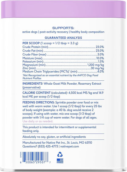 Native Pet Goat Milk for Dogs - Organic Goat Milk Powder for Dogs and Cats - Puppy Formula Dairy Replacement Packed with Protein & Vitamins for Immunity, Recovery & Growth for Active Pups - 120 Scoops