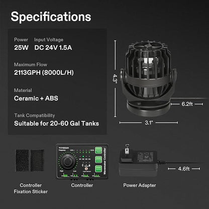 VIVOSUN Aquarium Wave Maker, 2113GPH Circulation Pump with Controller & Magnetic Suction Base, Adjustable Submersible Powerhead for 20-60 Gal Freshwater/Saltwater Fish Tank, 25W