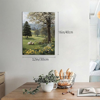 Country Sheep Canvas Wall Decor Farmhouse Rustic Lamb Wildflower Wall Art Nature Countryside Landscape Pictures Painting Print Framed Artwork Decorations for Bathroom Living Room Bedroom 12"x16"
