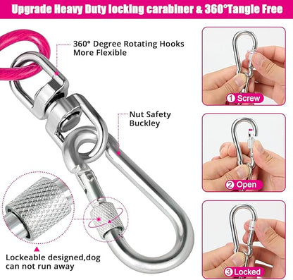 jenico Dog Tie Out Cable, 10/15/20/30/40/50/70/100/150FT Dog Runner Cable with Swivel Hook and Shock Spring, Dog Leash Run Tether for Yard Outdoor and Camping,for Small to Medium Pets Up to 500 LBS