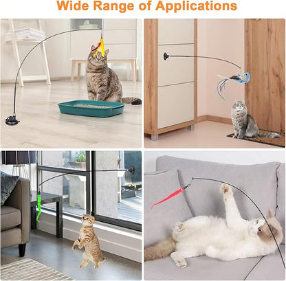 Cat Feather Toys, 10PCS Toys with Super Suction Cup, 2PCS Detachable Wand & 6PCS Replacement Teaser Refills, Interactive Indoor Cat Play