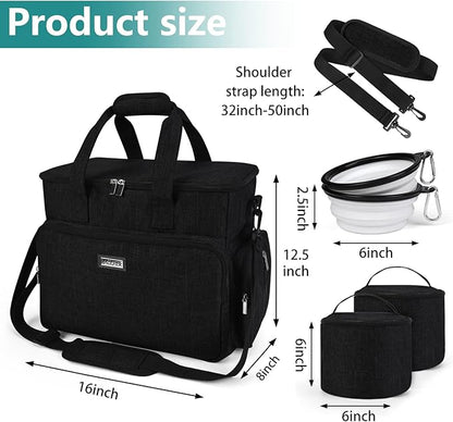 BAGLHER Dog Travel Bag, Airline Approved Pet Tote Organizer with Multi-Function Pockets, 2 X Food Storage Containers and 2 X Collapsible Dog Bowls, Perfect Weekend Pet Travel Set for Dog, Cat Black