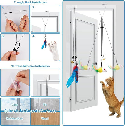 ZooZoo 14PCS Interactive Cat Feather Toy Set for Indoor Cats, Active Play Kit with Door Hanging Toy, Double-Sided Suction Cat Wand with Feathers, Mice & Fur Balls, Encourages Hunting, Jumping, Chasing