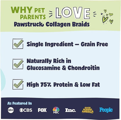 Pawstruck Natural Large 10-13” Beef Collagen Braids for Dogs – Long-Lasting Rawhide & Bully Stick Alternative, with Chondroitin & Glucosamine – 3 Pack