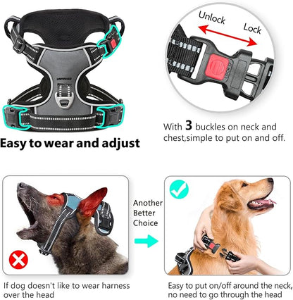 Timos Dog Harness Small Sized, No Pull with Neck Lockable Snap,No Choke Front Clip Dog Reflective Harness,Adjustable Metal Rings 3 Buckles,Easy Control Handle for Small Dogs Gray S