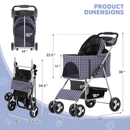 Magshion Foldable Pet Stroller, 3-in-1 Dog Travel Jogger with Detachable Carrier, Cup Holder, Storage Basket, Folding Carrier for Small/Medium Dogs & Cats Up to 33 lbs, Plaid