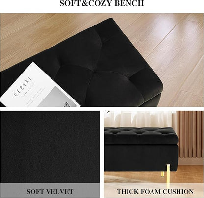 Velvet Storage Bench Ottoman,Versatile Seating with Hidden Storage,End of Bed Bench,Tufted Bench for Bedroom,Living Room,Entryway,Black