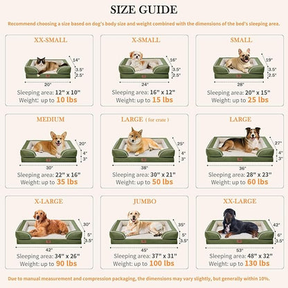Comfort Expression Large Dog Beds Waterproof Orthopedic Foam Dog Sofa Beds Comfy Pet Bed with Washable Removable Cover & Non-Slip Bottom(Large,Light Green)