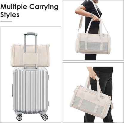 Fashion Leather Dog Carrier, Airline Approved Cat Carrier Soft Sided Pet Bag Carrier Purse for Puppy Kitten Small Animals White