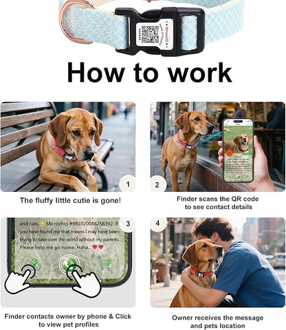 Dog Collar with Waterproof AirTag Holder & Anti-Lost QR Code, Cute Bling Warpping Adjustable Width for Small Medium Large Pet (Light Blue, L)