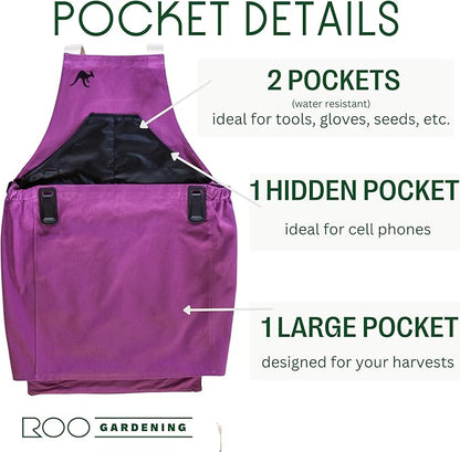 Roo Gardening Apron with Pockets & Harvesting, Picking Pouch - Adjustable, Water-resistant, Washable Canvas Cotton