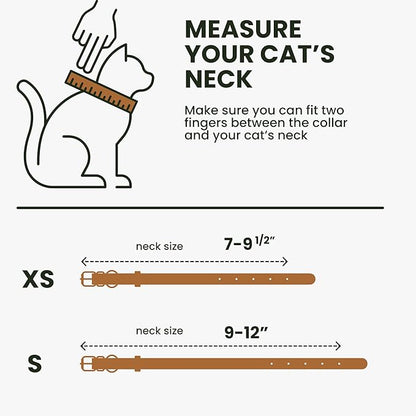 BRONZEDOG Leather Cat Collar with Removable Bells Non Breakaway Kitten QR Tag for Girl Boy (7" - 9" for Cats, Light Brown & Silver)