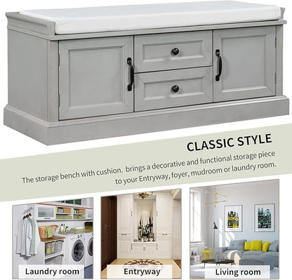Shoe Storage Bench with 2 Drawers and 2 Cabinets, Pine Wood Shoe Bench with Removable Cushion for Living Room, Entryway 42.5" L x 15.9" W x 17.5" H (Gray Wash)