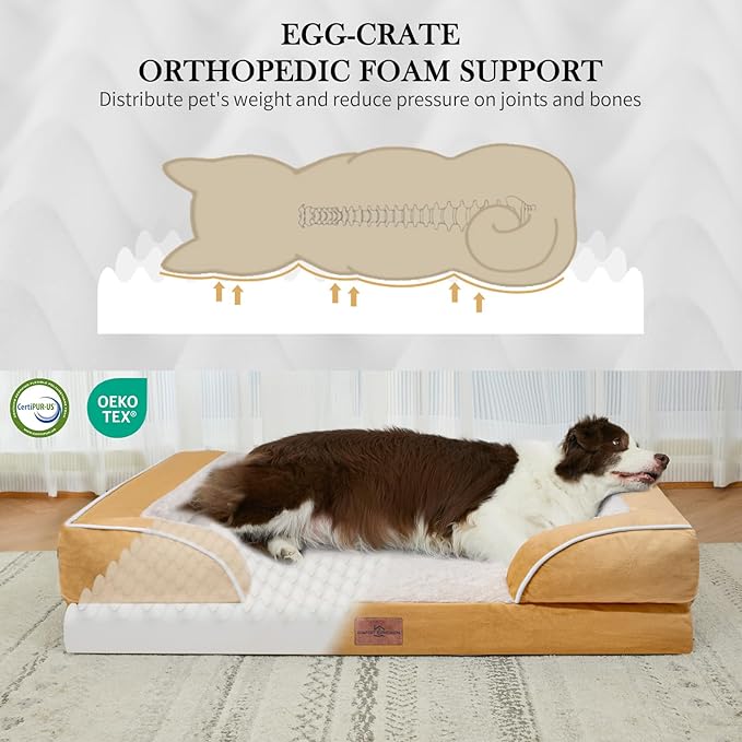 Comfort Expression Large Dog Beds Waterproof Orthopedic Foam Dog Sofa Beds Comfy Pet Bed with Washable Removable Cover & Non-Slip Bottom(Large,Khaki)