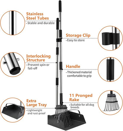 Toozey Unbreakable Dog Pooper Scooper with Extra Large Stainless Metal Poop Tray & 43.31" Long Handle Rake Scoop, Easy Waste Cleanup for Large, Medium, Small Dogs with 20 Bags