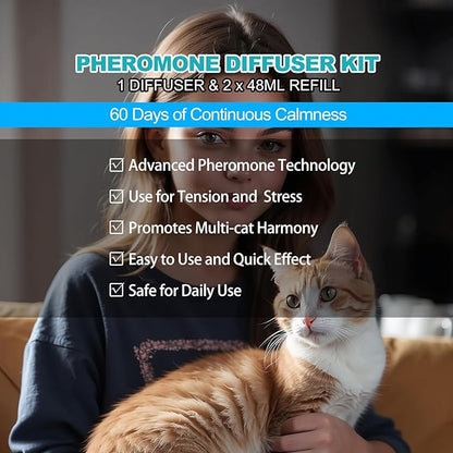 Cat Calming Diffuser, Cat Pheromones Calming Diffuser with 1 Diffuser + 2 Refills 48ml, Cat Anxiety Relief Cat Pheromone Diffuser Kit 60 Days, Pheromone Diffuser to Calm Cats