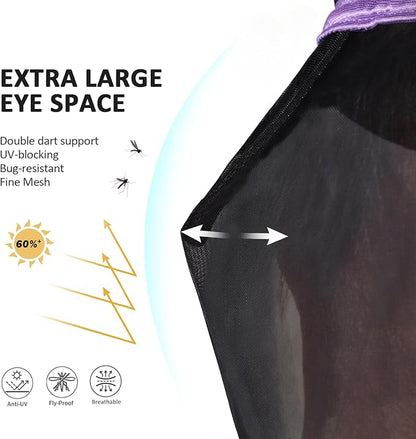 Harrison Howard Pro Luminous Horse Half Face Fly Mask Large Eye Space with Ears UV Protection for Horse Gentle Lavendar S