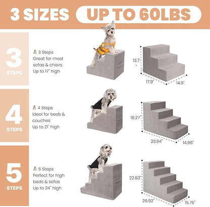 MEWANG Dog Stairs for Small & Medium Dogs and Old Cats –3/4/ 5 Steps High-Density Foam Pet Ramp for Bed & Couch, Non-Slip, Washable Cover, Grey (Square Corner, 3 Steps: 17.95''×14.96''×13.70'', 2)
