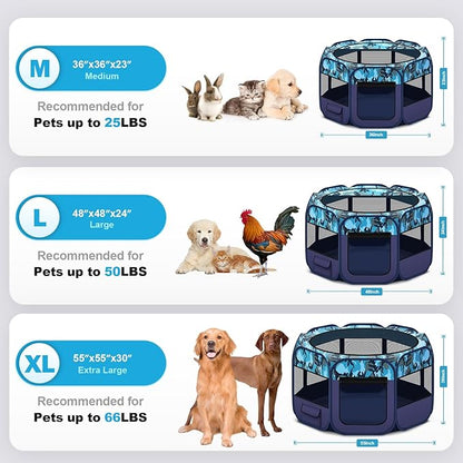 Dog Playpen, Pet Playpen, Portable Cat Playpen, Pop Up Foldable Puppy Playpen Exercise Kennel Tent with Carry Case Collapsible Bowl,Water-Resistant Shade Cover for Outdoor Indoor Travel (Large)