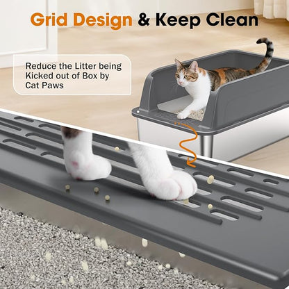 2PACK Stainless Steel Litter Box, Extra Large Litter Boxes for Big Cats, XL Metal Cat Litter Box with Lid High Sides, Anti-Urine Leakage, Non-Sticky, Scoop Included
