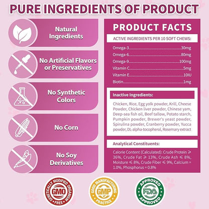 Natural Skin and Coat Support for Cats - Crunchy & Creamy Chews with Omega 3, Biotin & Vitamin E for Healthy Skin, Shiny Fur, Cat Supplements & Vitamins -Chicken（500 Chews