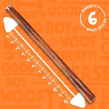 Bully Sticks for Small Dogs | All Natural, Single Ingredient for Puppies to Medium Dogs (12" Stnd Bully Sticks - 6pk)